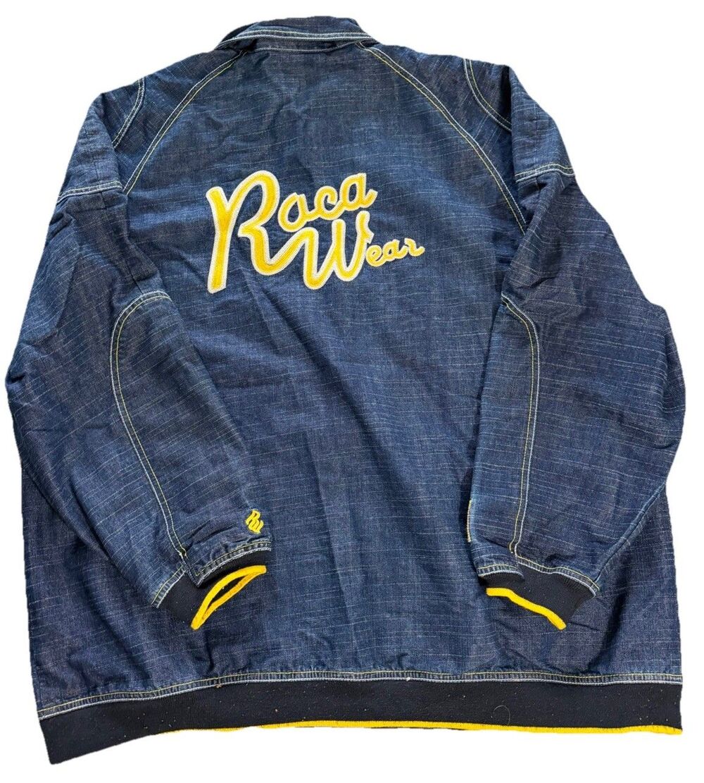 Men's Vintage Rocawear Y2K Denim Jacket 2xl With Yellow Stitching And Back Logo